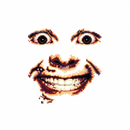 Pixel art close-up of a smiling face with dark eyes and a wide grin