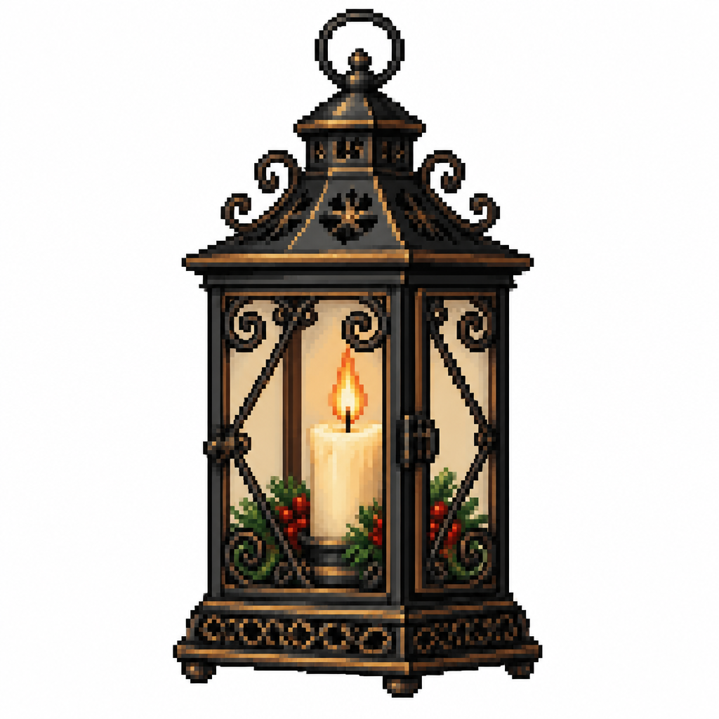 High contrast image on a white background i’ll be vintage Christmas lantern with decorative metal, scrollwork, and visible candle