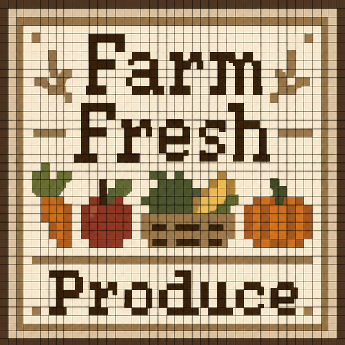 Create a 32×32 pixel art image for an Animal Crossing: New Horizons custom design. The canvas must contain exactly 32 columns × 32 rows of discrete square cells. Each cell must be a single, completely uniform solid color. NO gradients, shading, anti-aliasing, texture, dithering, highlights, transparency, or multiple colors within any individual cell. Every color change must occur only at the boundary between two cells. Make every pixel a perfect square of identical size. Add a thin grid line around every individual 1×1 pixel cell so all 32×32 cells are clearly visible. It should say Farm Fresh Produce in beige, brown, neutral colors. Use a limited color palette and hard edges only. Do not create details smaller than one pixel.