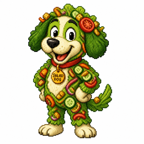 Cartoon salad dog, full body, white background