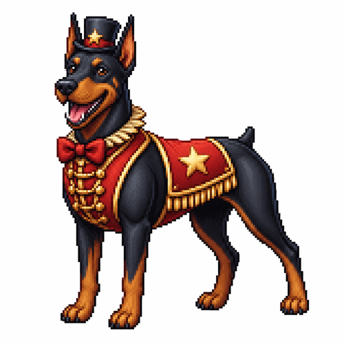 Cartoon circus doberman, full body, white background