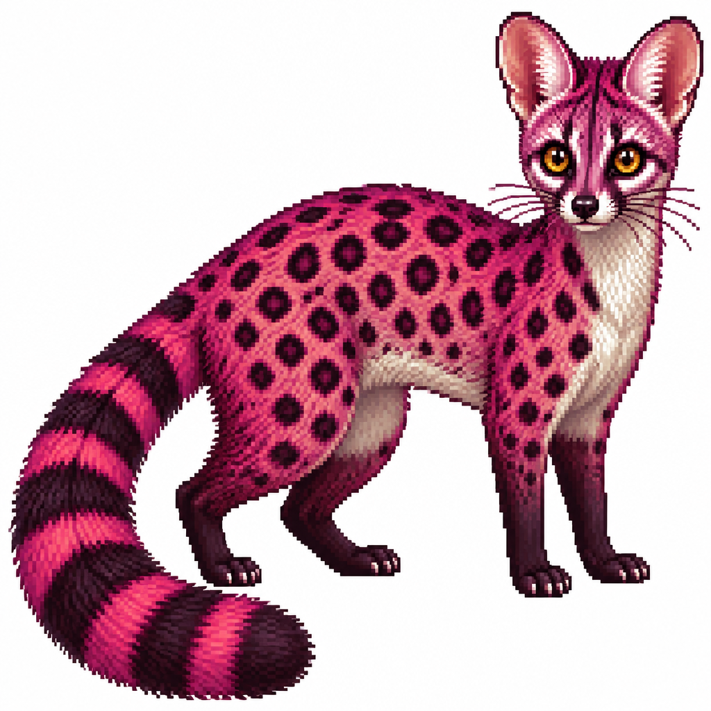 Fuchsia cartoon genet, full body, white background