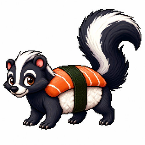 Cartoon sushi skunk (quadruped), full body, white background