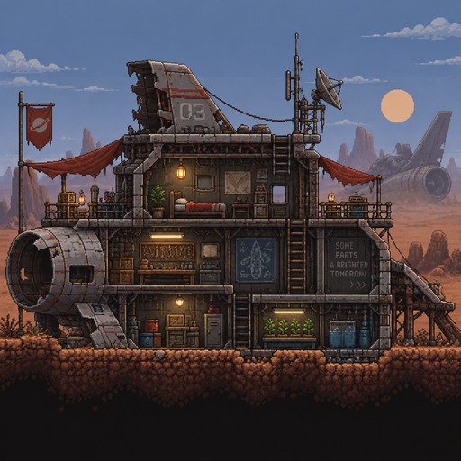 shelter building made of recycled scrap from crashed ship parts. 2D, side-view like Terraria.