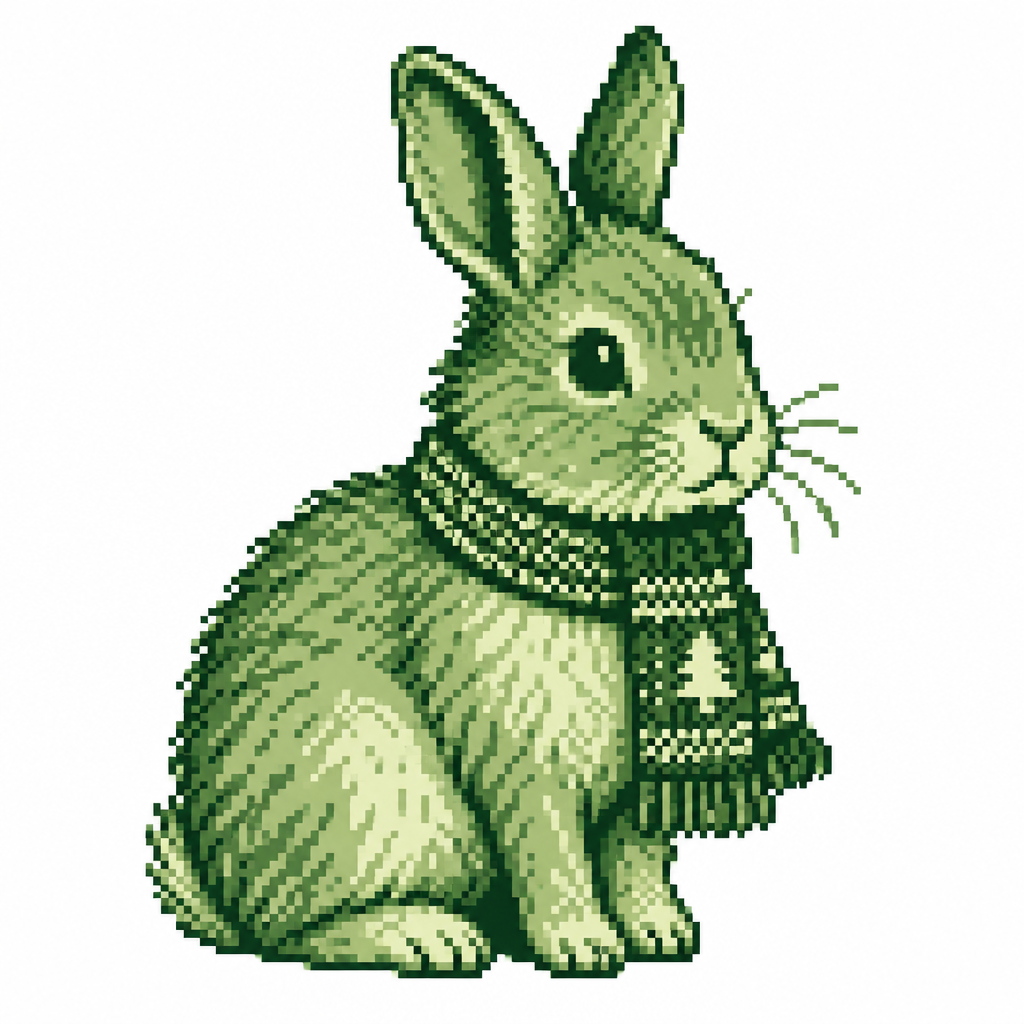 A rabbit with detailed fur wearing a small knitted Christmas scarf. White background.