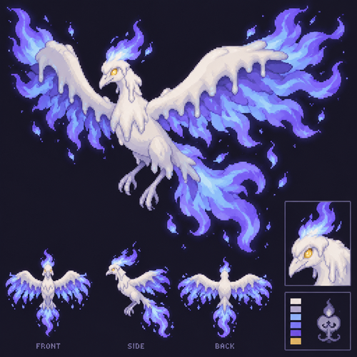 Draw me a fusion of litwick and moltress so it’s like a white bird made out of wax with a glowing yellow eye, it has blue and purple flames as the tail and feathers of the wings so on the wing top part is wax and flames coming out of it like the feathers 