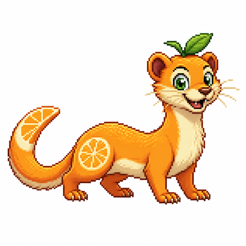 Cartoon citrus weasel (quadruped), full body, white background