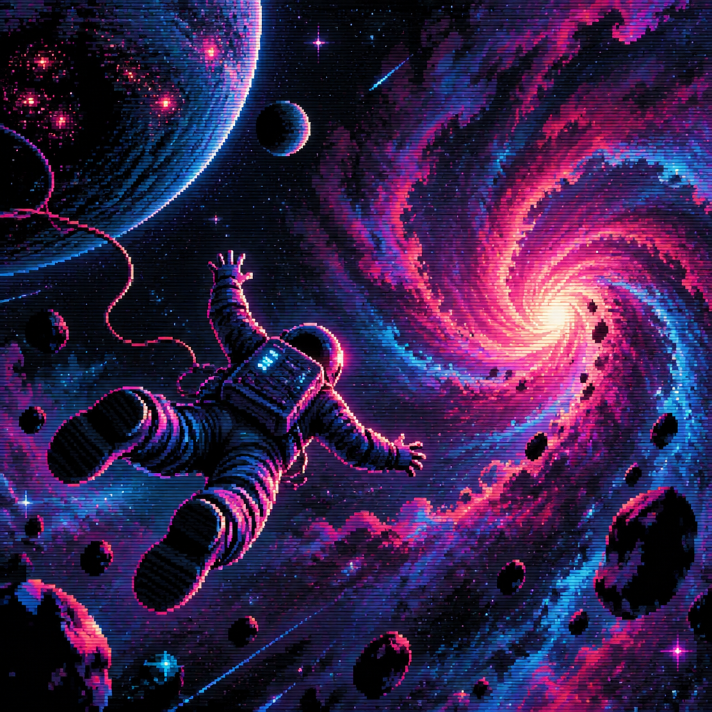 Astronaut falling into a nebula in deep space. A planet is seen as well