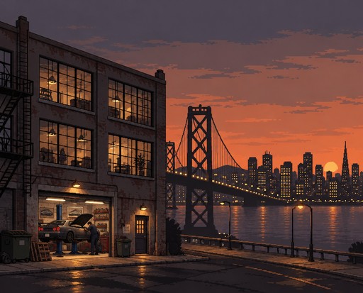 Pixel art city waterfront at sunset, with an industrial building and suspension bridge.