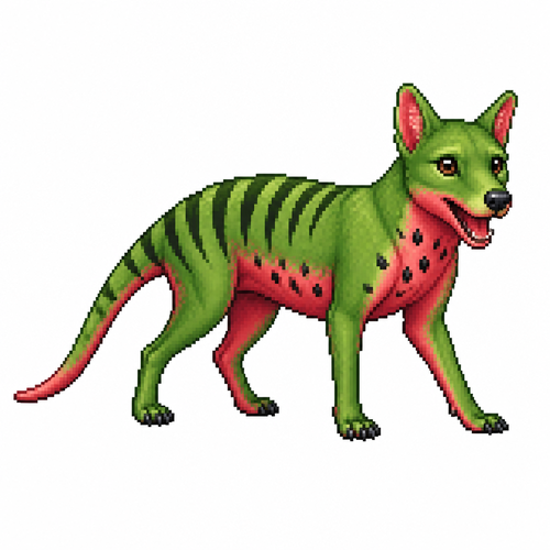 Cartoon watermelon thylacine, full body, white background