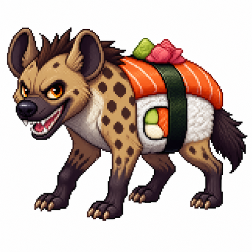 Cartoon sushi hyena, full body, white background