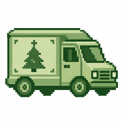 A toy delivery van with a Christmas tree emblem. White background 