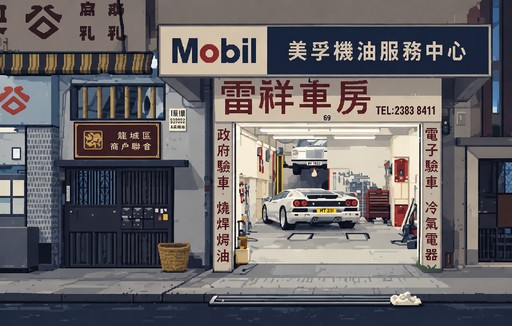 Pixel art of a garage entrance with cars, Chinese signage, and a Mobil sign.
