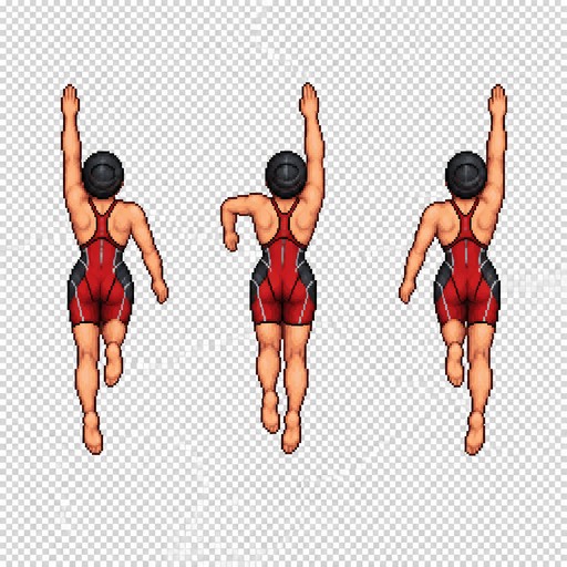 Create 3 separate pixel art sprites for a top-down 2D game swimming animation. Human female base character, bald (no hair), average athletic build. Canvas size: 64×64 pixels for each sprite. Transparent background. Top-down view only. The character is facing north (up) and swimming forward (toward the top of the screen). Generate Frame 1, Frame 2, and Frame 3 of a seamless swimming cycle. Keep the body, head, proportions, position, and scale identical in all three frames. Only the arms and legs should move between frames to simulate forward swimming. Arms move in alternating front crawl positions while the legs perform a subtle flutter kick. Clean pixel art, limited color palette, centered character, no water effects, no splashes, no shadows, no background, no text, no extra objects. Strict top-down view. Do not rotate the character or the camera. Output three separate sprites, each 64×64 pixels, not a sprite sheet. Game sprite animation reference. Similar to classic top-down RPG character animation. Preserve identical body proportions across all frames. Only limb positions change. Please make the characther wear a red tech suit and a balck cap