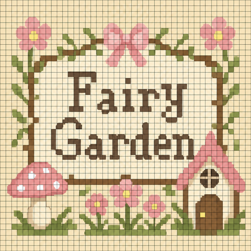 Create a 32×32 pixel art image for an Animal Crossing: New Horizons custom design. The canvas must contain exactly 32 columns × 32 rows of discrete square cells. Each cell must be a single, completely uniform solid color. NO gradients, shading, anti-aliasing, texture, dithering, highlights, transparency, or multiple colors within any individual cell. Every color change must occur only at the boundary between two cells. Make every pixel a perfect square of identical size. Add a thin grid line around every individual 1×1 pixel cell so all 32×32 cells are clearly visible. Only exactly one color in each individual grid cell is important. It should say Fairy Garden in beige, brown, pink, neutral colors. Use a limited color palette and hard edges only. Do not create details smaller than one pixel. Simplify the image to keep each cell one color. 