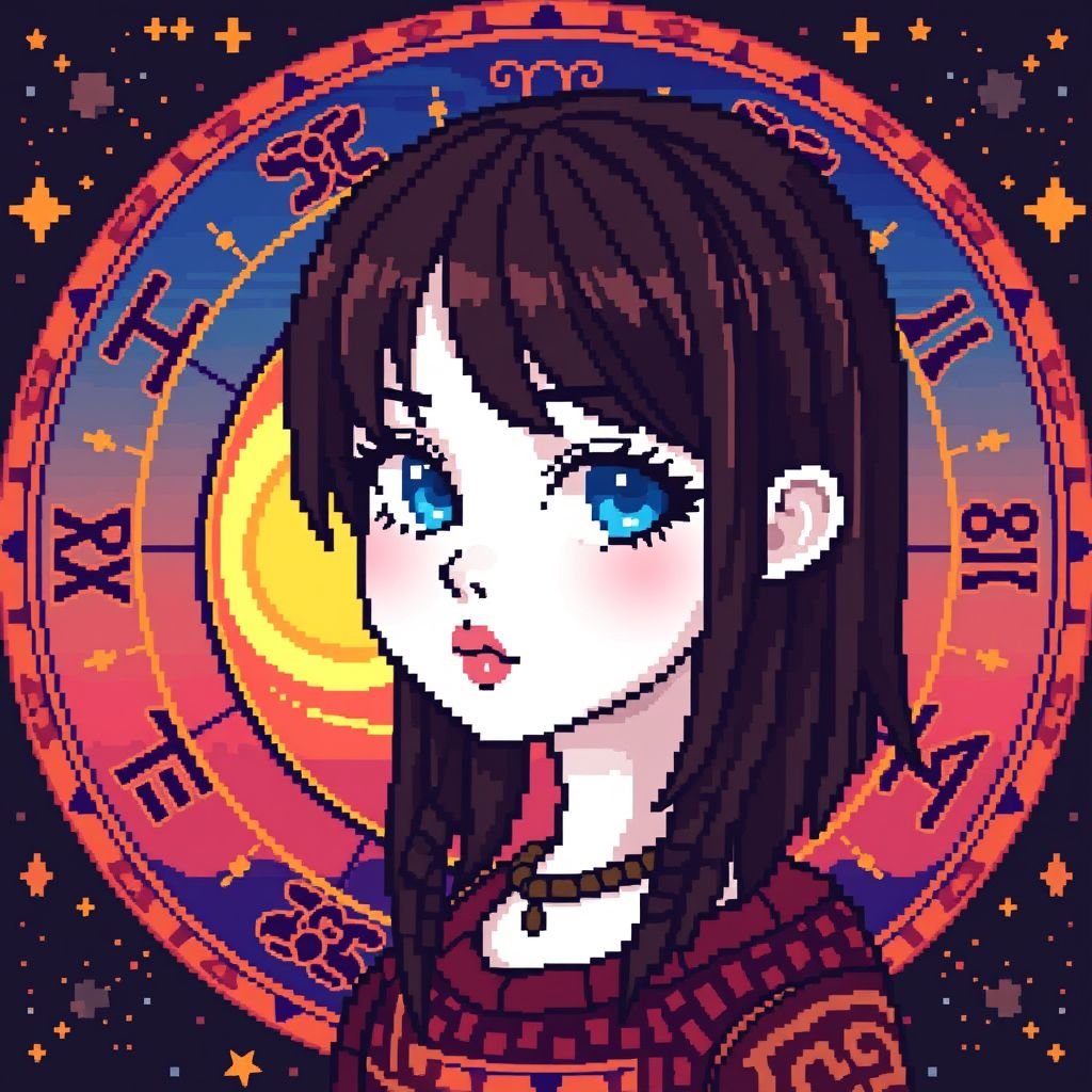 girl with blue eyes, shoulderlength straight cut short dreadlocs bob style in dark brown, white skin, blue eyes, and thick lips, astrological circles around her with zodiac signs and half stars and half sundown in the background