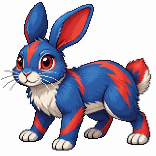 Blue and red cartoon rabbit (quadruped), full body white background