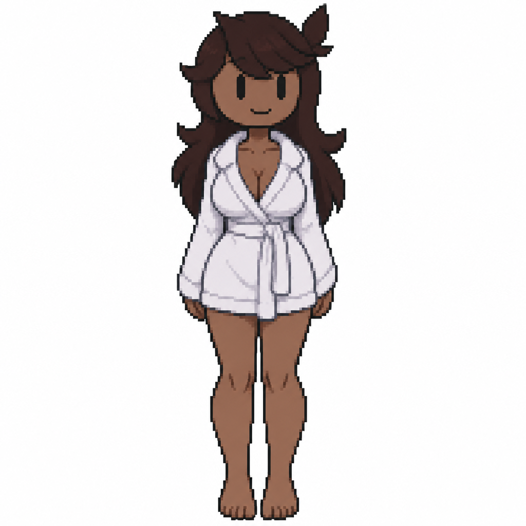 Jaiden animations but with the clothes and hair of the character bata baño ajustada, full body front perspective piel morena