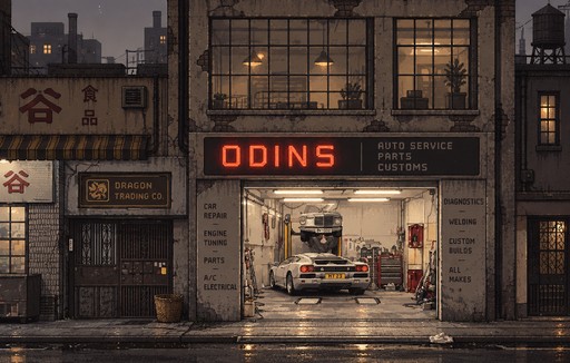 Pixel art of a warmly lit garage beneath an “ODINS” sign on a rainy street.