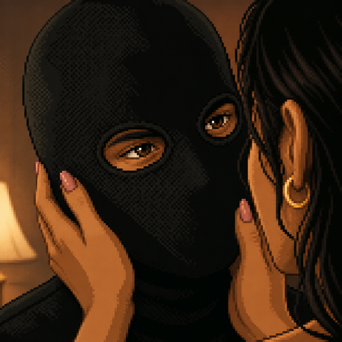 close-up cinematic angle, man wearing a plain black balaclava-style mask covering his entire head and face, two simple round eye holes showing brown eyes, tan-skinned Hispanic woman's hands gently resting near his face, her manicured pink nails visible, soft warm indoor lighting, intimate close framing, shallow depth of field, 16-bit pixel art, dithered shading, limited color palette, hard pixel edges, retro game aesthetic, cinematic framing