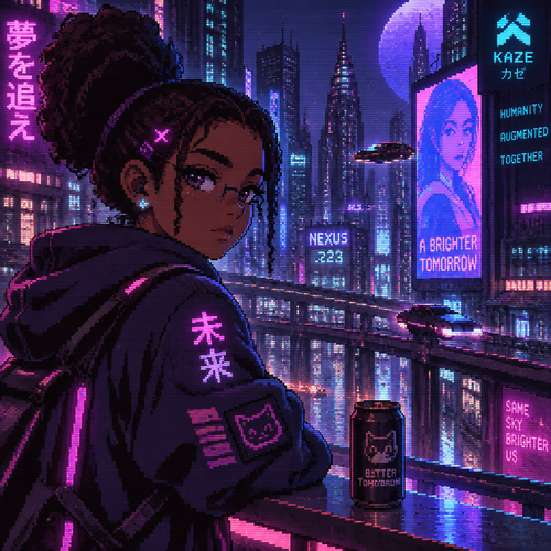 A young girl with dark skin in a futuristic city