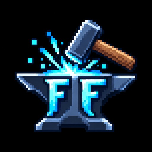 Pixel art of a glowing anvil forging crossed hammer and chisel, blue and brown tones