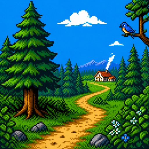 décor, chemin milieu, foret, grand sapin, oiseau, maison au loin, ciel bleu avec nuage, couleur d'étés