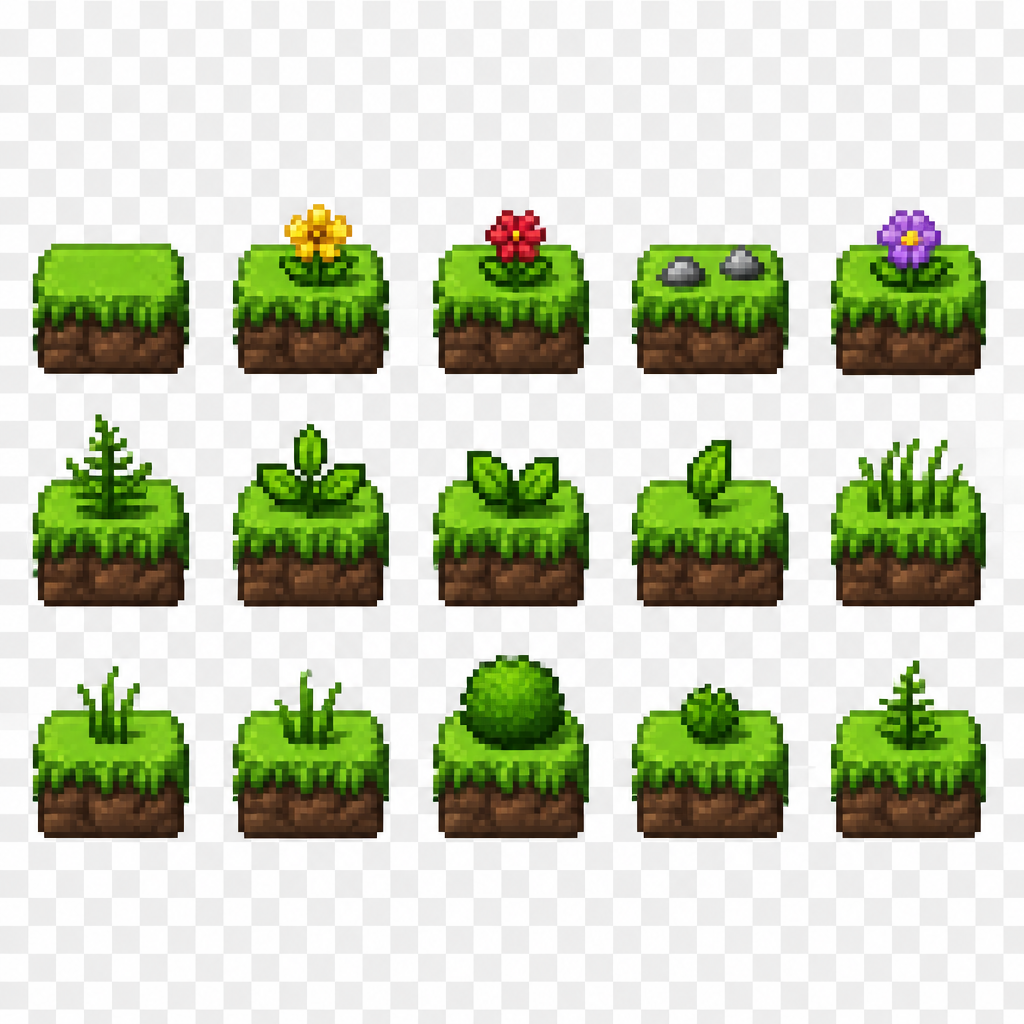 Create a 2D pixel art top down sprite sheet featuring 15 individual icons each exactly 64x64 pixels, arranged 5 horizontally and 3 vertically spaced evenly. Style: classic fantasy RPG, inspired by 16bit games, with crisp pixel art, clean outlines, subtle shading, and a cohesive color palette. Use a transparent background. Each Icon should be centered within its 32x32 canvas and remain highly readable at small sizes.
The 15 icons are:
1: Grass Block
2: Grass Block with yellow Flower
3: Grass Block with red Flower
4: Grass block with 2 small stones
5: Grass Block with purple Flower
6: Grass Block with tiny fern
7: Grass Block with 3 leafs
8: grass block with 2 leafs
9: grass block with 1 leaf
10: grass block with 4 grass blades
11: grass block with 3 grass blades
12: grass block with 2 grass blades
13: grass block with small round bush
14: grass block with tiny bush
15: grass block with small fern
Requirements:
• Each icon must be exactly 32x32 pixels.
• All based off of real life variants.
• All facing sideways so you see the side of their bodies.
• Output as a sprite sheet with each icon occupying its own 32x32 cell** DO NOT GO OUT PAST THESE PARAMETERs**
• Transparent background.
• No text, labels, borders, or UI elements.
• Consistent Fantasy RPG Aesthetic across all icons.
• High contrast and excellent readability for use in a game interface.
• Clean polished pixel art with enough detail for low resolution sprites.
• Avoid anti-aliasing, blurring, or painterly effects; preserve a true pixel art appearance.