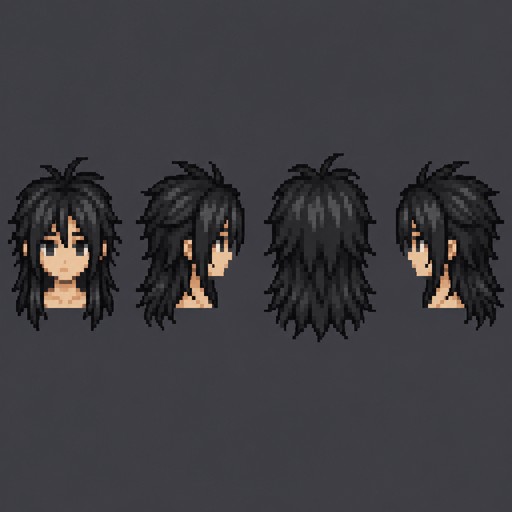 MAke long androgynous black subtly spikes hair for sprites. I need a front back and side for it.