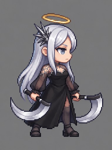 Pixel art person with long white hair holding a curved scythe against gray background