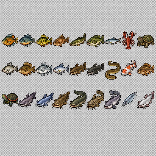 Create a 2D pixel art sprite sheet featuring 27 individual icons each exactly 32x32  pixels, arranged horrizontally and vertically spaced evenly. Style: classic fantasy RPG, inspired by 16bit games, with crisp pixel art, clean outlines, subtle shading, and a cohesive color palette. Use a transparent background. Each Icon  should be centered within its 45x45 canvas and remain highly readable at small sizes. 

The 30 icons are: 
1: Sunfish
2: Bluegill
3: Yellow Perch
4: Carp
5: Chain Pickerel
6: Largemouth Bass
7: Emerald Shiner
8: Red Swamp Crayfish
9: Snapping Turtle
10: White Perch
11: Rock Bass
12: White Bass
13: Shad
14: Brown Bullhead
15: Black Bullhead
16: American Eel
17: Koi
18: Mirror Carp
19: Painted Turtle
20: Channel Carfish
21: Blue Catfish
22: Flathead Catfish
23: Wels Catfish
24: Goonch Catfish
25: Mekong Giant Catfish
26: Glass Catfish
27: White Catfish

Requirements: 
	•	Each icon must be exactly 32x32 pixels.
	•	Output as a sprite sheet with each icon occupying its own 32x32 cell.
	•	Transparent background.
	•	No text, labels, borders, or UI elements.
	•	Consistent Fantasy RPG Aesthetic across all icons.
	•	High contrast and excellent readability for use in a game interface.
	•	Clean polished pixel art with enough detail for low resolution sprites.
	•	Avoid anti-aliasing, blurring, or painterly effects; preserve a true pixel art appearance.