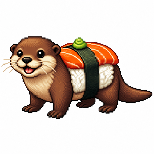 Cartoon sushi otter (quadruped), full body, white background