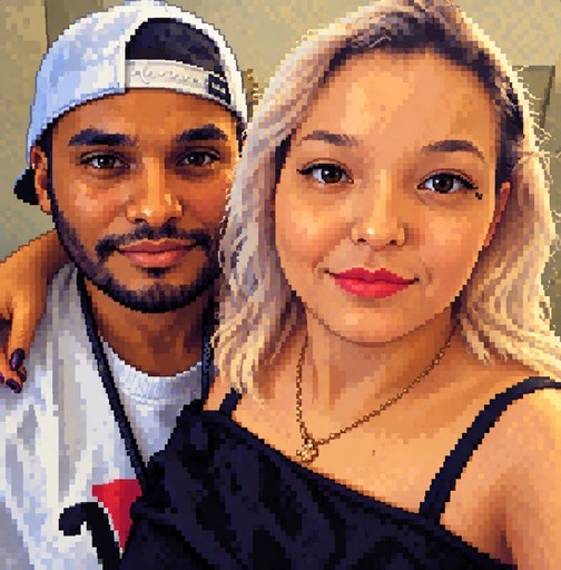 Pixel art portrait of two people posing together in warm colors.