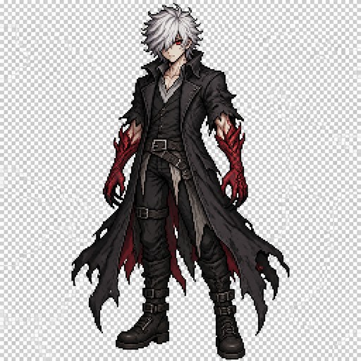 Create a high-quality 128×128 pixel art character sprite for an original dark fantasy JRPG called DEMON BINDER.

Full-body young male protagonist standing in a neutral idle pose, facing forward in a slight three-quarter view.

He has messy, voluminous silver-white hair covering part of his face, one clearly visible glowing crimson-red eye, pale skin, and a calm but ominous expression.

He wears a long, tattered black coat with pointed, ragged hems, dark layered clothing, a black shirt, a light gray V-shaped collar, a dark belt, fitted black trousers, and heavy dark boots.

Both forearms and hands are transformed into deep crimson demonic flesh with blackened claws and subtle organic patterns. The red demonic arms contrast against his black coat.

Dark gothic fantasy aesthetic, strong recognizable silhouette, carefully designed pixel clusters, crisp hard pixel edges, limited color palette, deliberate pixel placement, readable details at native 128×128 resolution.

Use restrained shades of silver, white, charcoal, black, muted gray, skin tones, and deep crimson.

Requirements: transparent background, one character only, full body visible, centered composition, strict pixel art, no anti-aliasing, no blur, no gradients, no smooth digital painting, no 3D rendering, no text, no weapons.