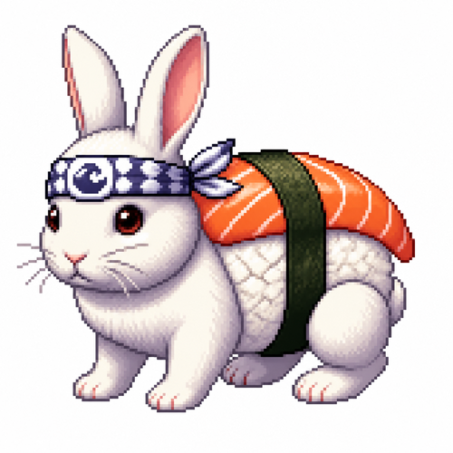 Cartoon sushi rabbit (quadruped), full body, white background