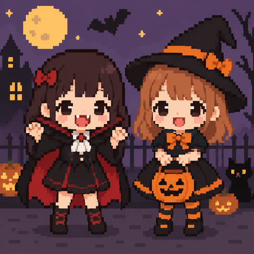 Cute kawaii little girl in a vampire costume and little girl dressed in Halloween costume
