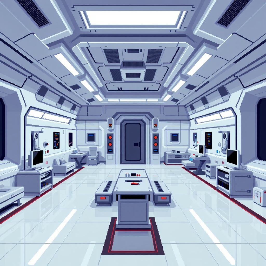 An open, massive sci-fi training room. Minimalist, clean. Use a mostly pure white and sterile color palette, pixelated, retro, 16-bit, blocky, vintage.