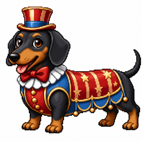 Cartoon circus dachshund, full body, white background