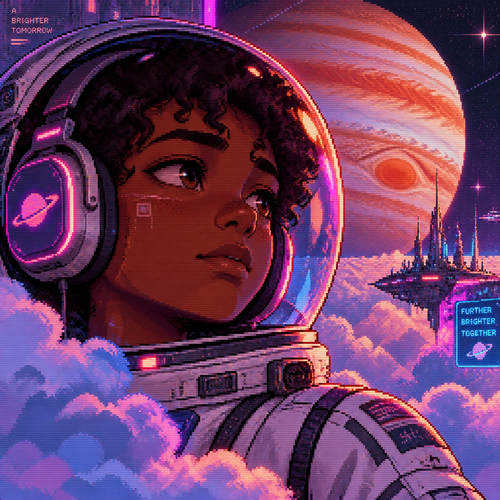 Make a close up image of a young teen astronaut with brown skin and headphones surrounded by clouds with jupiter in the background 