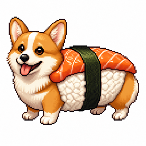 Cartoon sushi corgi, full body, white background