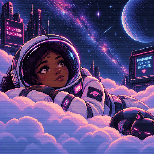 A young girl astronaut with dark skin lays on top of fluffy clouds beneath the stars