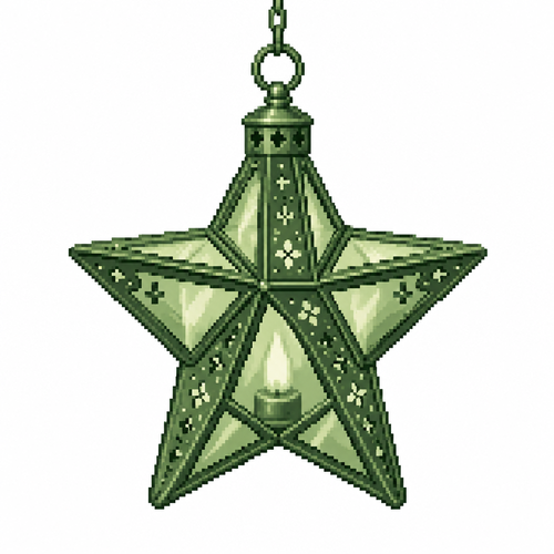 A star-shaped metal lantern with punched patterns and beveled glass panels. White background 