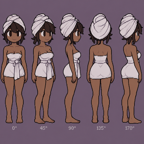 Jaiden animations but with the clothes and hair of the character bata baño ajustada, full body front perspective de lado 170 grados piel morena