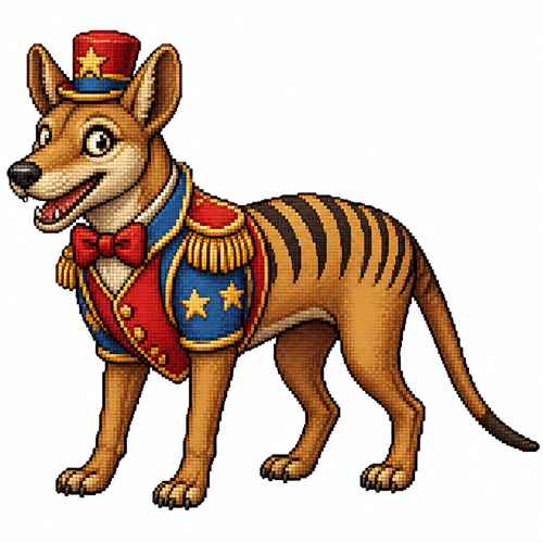 Cartoon circus thylacine, full body, white background