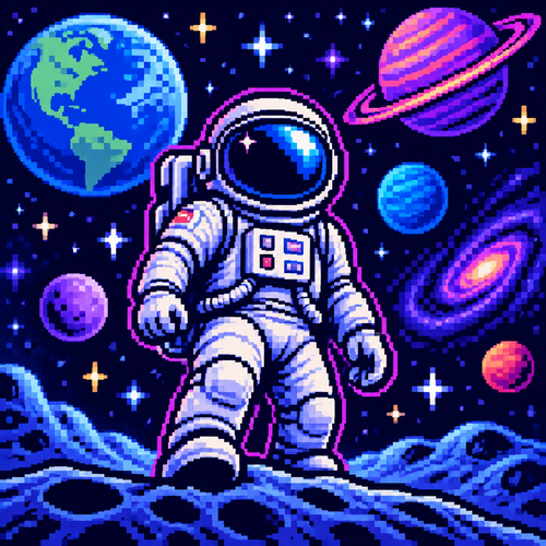 Astronaut surrounded by planets and stars in blues and purples