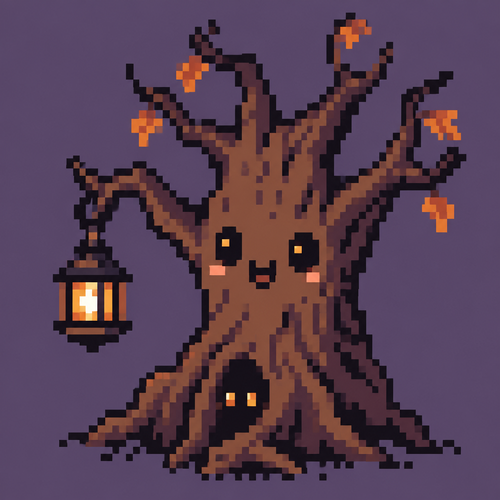 Cute kawaii spooky tree with lantern. Plain background