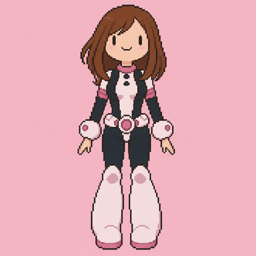 Fionna la humana adventure time con la ropa de ochako uraraka y sin gorro cabello castaño de frente 