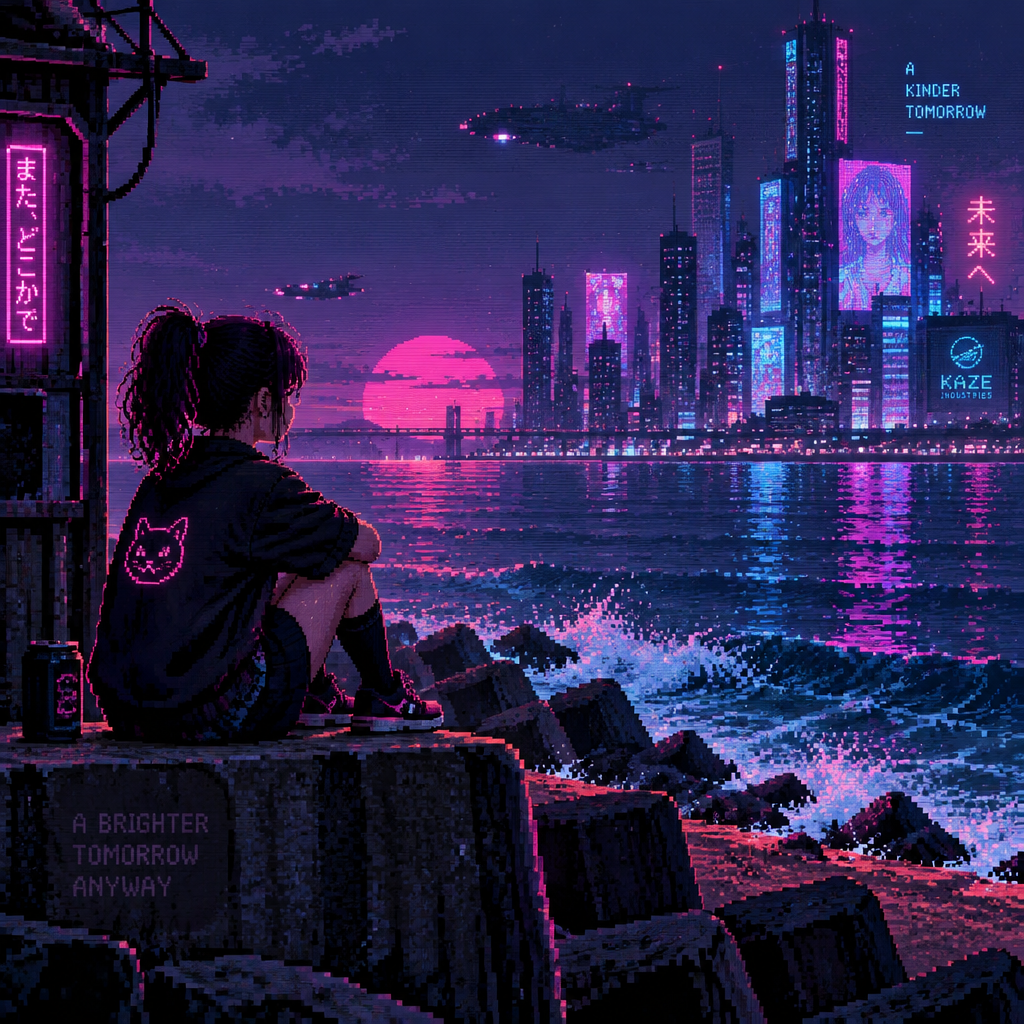 Young girl sits by the ocean with a futuristic city off in the distance