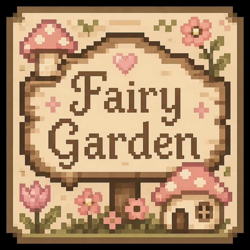 32x32 square that says Fairy Garden in beige, brown, and pink neutral colors
