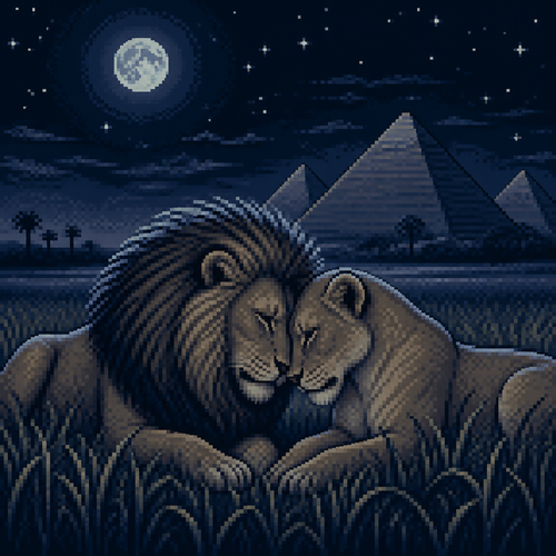 two lions facing each other lying in tall grass, heads lowered and touching, forming a mirrored heart-like shape with their heads, ones male one is female lion , deep moonlit blue-grey night tones, pyramids in the background distance , stylized angular fur texture, star-like light flecks scattered across the dark background, tranquil intimate atmosphere, 16-bit pixel art, dithered shading, limited color palette, hard pixel edges, retro game aesthetic, cinematic framing